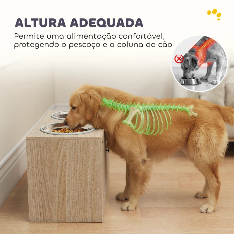 PawHut Comedouro Elevado para Cães com 2 Tigelas de Aço Inoxidável 2x2000 ml e Armazenamento Oculto 60x30x35,5 cm Carvalho
