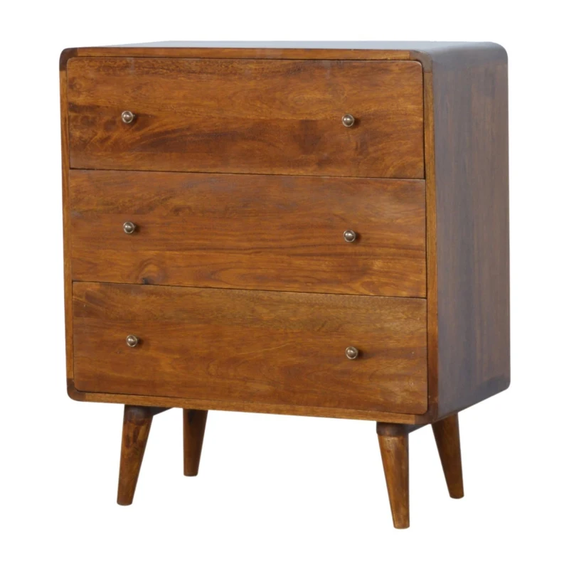 Solid Mango Wood 3-Drawer Curved Chest with Mid-Century Nordic-Style Slim Tapered Legs, Table with Practical Storage, 35L x 70W x 80H cm, Brown