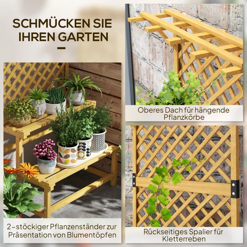 Outsunny Pflanzenständer, Blumenregal, 2 Etagen, mit Spalier & Dach, Tannenholz, 75x50x166cm, Gelb