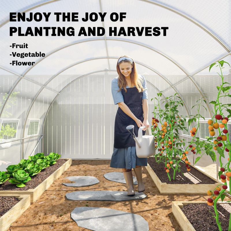 Outsunny Tunnel-Gewächshaus 24m² 8L x 3l x 2H m - 16 Fenster, aufrollbare Reißverschlusstür, verzinkter Stahlrahmen, PE-Abdeckung, Weiß