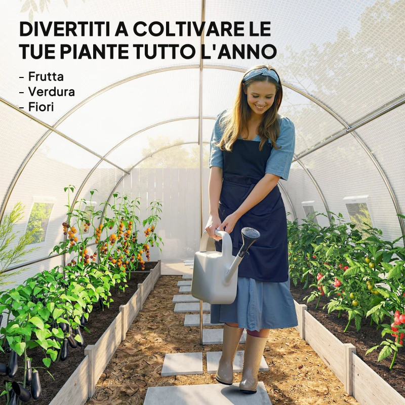 Outsunny Serra a Tunnel con 2 Aste Rimovibili e Porte e Finestre a Rete, in Acciaio Zincato e PE, 396x300x200 cm, Bianco