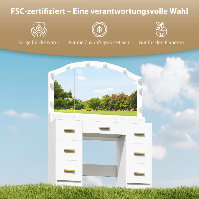 HOMCOM Schminktisch mit 10 LED-Hollywood-Lampen, Spiegel, 7 Schubladen, 3 Fächer, MDF, Weiß