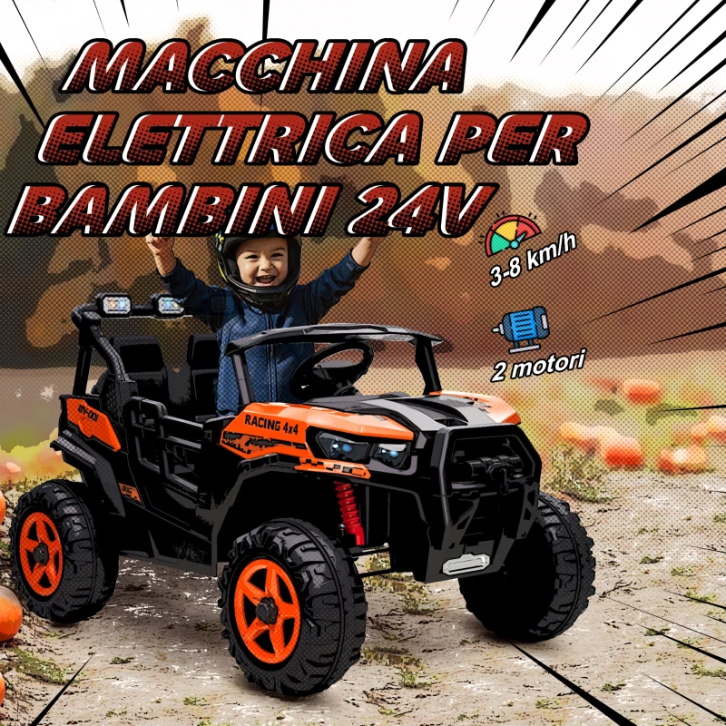 AIYAPLAY Macchina Elettrica per Bambini 3-8 Anni 24V a 2 Posti, Doppio Motore, Telecomando e Soft Start, Arancione
