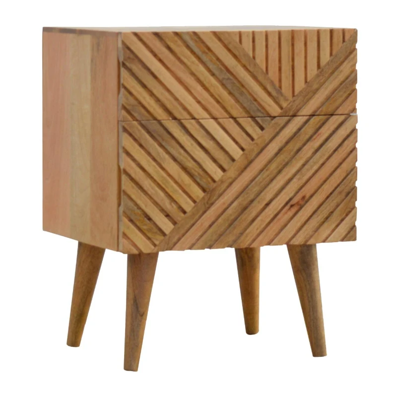 Solid Wood 2-Drawer Bedside Table with Zig-Zag Geometric Front, Desk with Hand-Finished Craftsmanship, 35L x 45W x 58H cm, Brown
