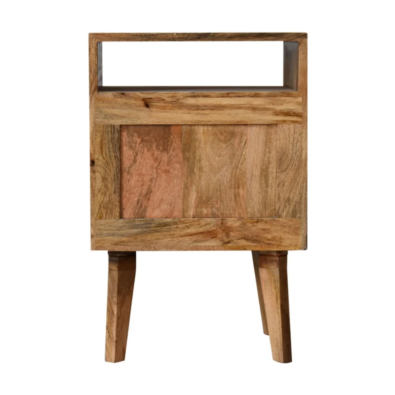 Solid Wood Handcrafted Bedside Table with Knitted Fabric Door and Open Slot, Desk with Cotton-blend Panel, 35L x 40W x 60H cm, Brown
