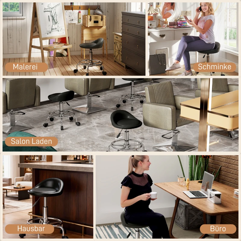 HOMCOM Verstelbare Rolstoel met Rugleuning Draaikruk 59-75 cm Werkstoel 360° Draaibaar Zwart