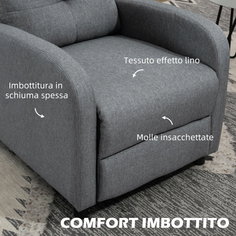 HOMCOM Poltrona Reclinabile 155° max in Tessuto Effetto Lino Grigio con Poggiapiedi, 67x87x98 cm
