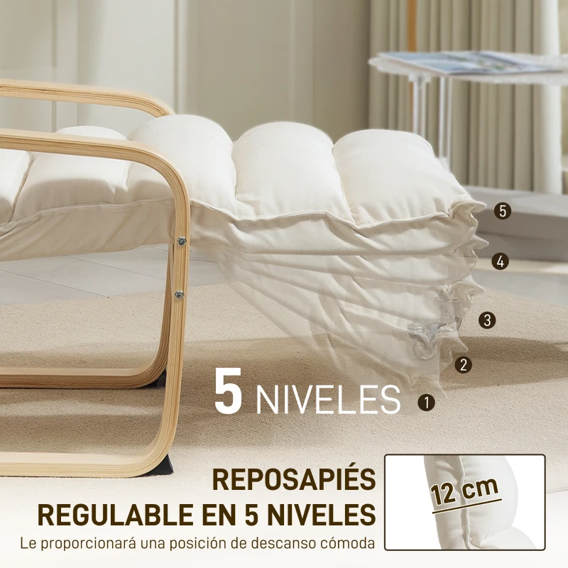 HOMCOM Butaca de Salón con Reposapiés Ajustable Tapizada en Terciopelo con Marco de Madera 67x93x103 cm Crema