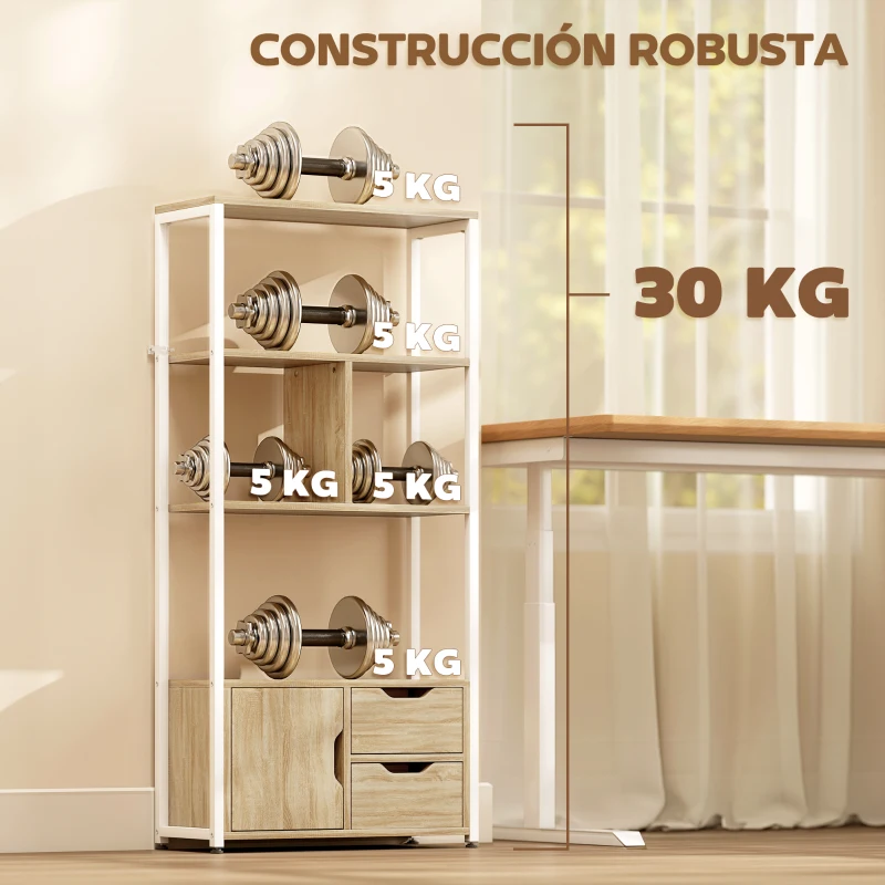 HOMCOM Librería Estantería para Libros con Estantes Cajones y Puerta 58x24x122 cm Estilo Industrial Blanco y Madera Natural