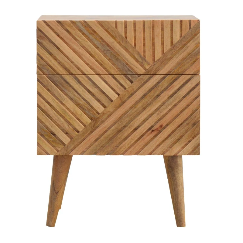 Solid Wood 2-Drawer Bedside Table with Zig-Zag Geometric Front, Desk with Hand-Finished Craftsmanship, 35L x 45W x 58H cm, Brown