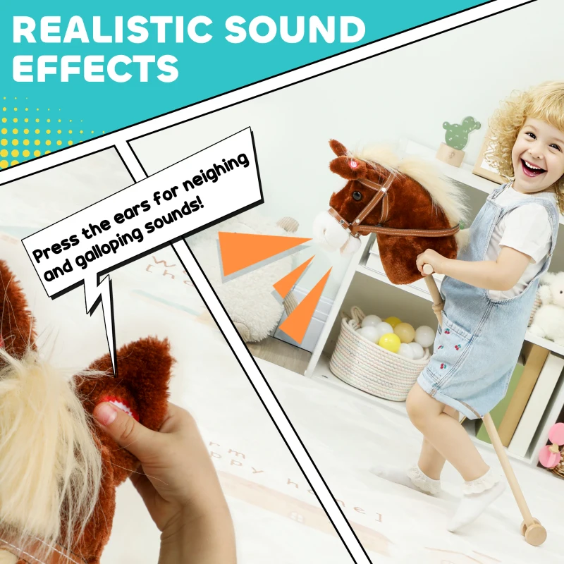 AIYAPLAY Stick Horse with Wood Wheels, Real Pony Neighing and Galloping Sounds, Grip Handle, 95 cm, Brown