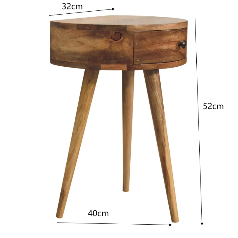 Solid Mango Wood Mini Circular Bedside Table with Smooth-Glide Drawer and Oak-Effect Finish, Desk for Bedroom, 32L x 40W x 52H cm, Brown