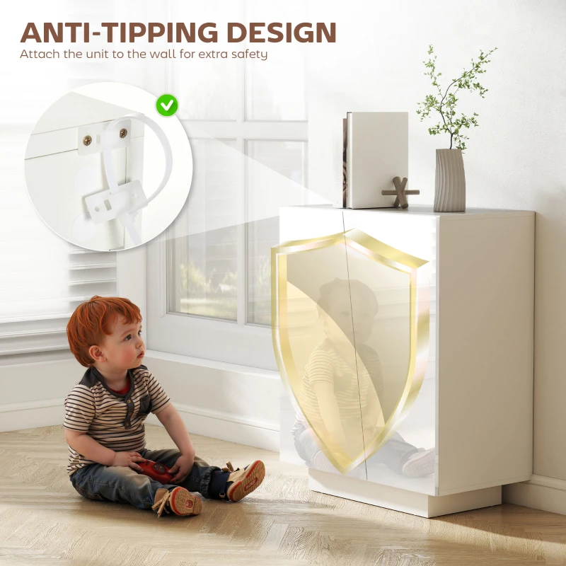 HOMCOM High Gloss Storage Cabinet, Freestanding Storage Cupboard with Adjustable Shelves for Living Room, Bedroom, Hallway, White