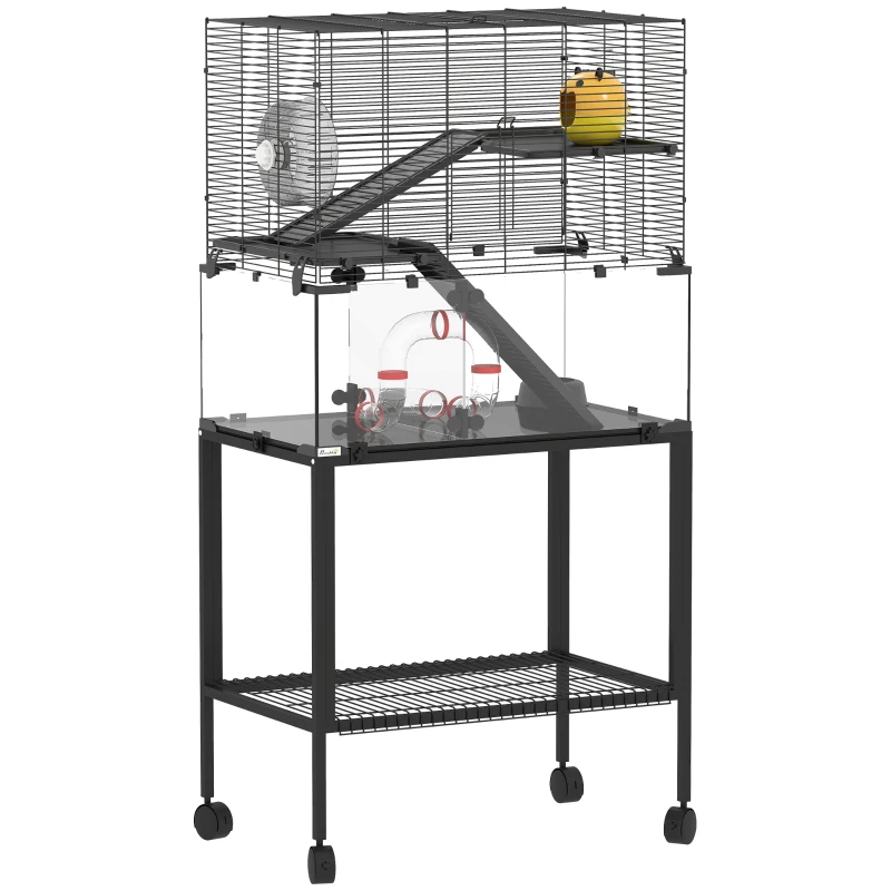 PawHut Hamsterkäfig, Kleintiergehege mit 3 Ebenen, Laufrad, Hütte, Plattformen, Rampen, Futterschale, Wasserflasche, Zubehör, Stahl, Kunststoff, Schwarz