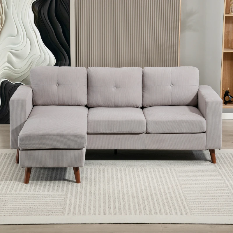 HOMCOM Canapé d'angle réversible en velours côtelé, canapé 3 places avec méridienne, cadre en acier, 192x137x84cm, gris clair