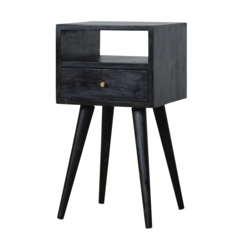 Solid Mango Wood Mini Bedside Table with Drawer and Open Shelf, Sustainable Construction, Desk for Bedroom, 30L x 30W x 57H cm, Black