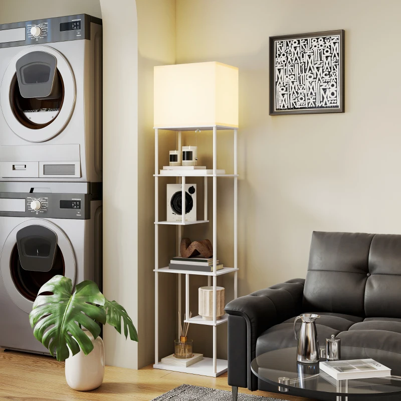 HOMCOM Lámpara de Pie con Estantes Temperaturas de Color Ajustable 3000K-6500K Control Remoto Bombilla E27 Blanco