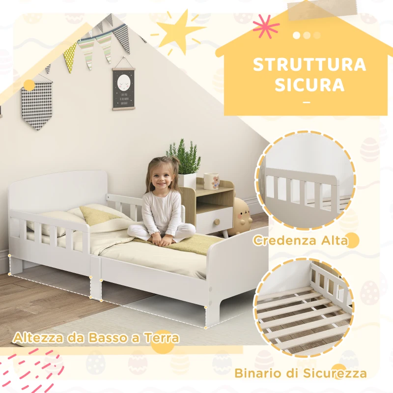 AIYAPLAY Letto per Bambini 3-8 Anni Basso con Sponde Laterali e Bordi Lisci, in Legno, 143.5x74.2x54 cm, Bianco