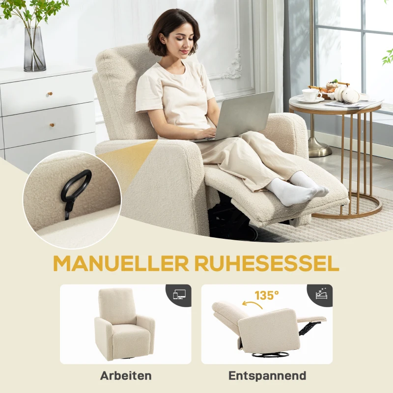 HOMCOM Recliner-Sessel, Entspannungssessel mit Fleece-Bezug, verstellbare Rückenlehne, Polstersessel, Stahl, Beige