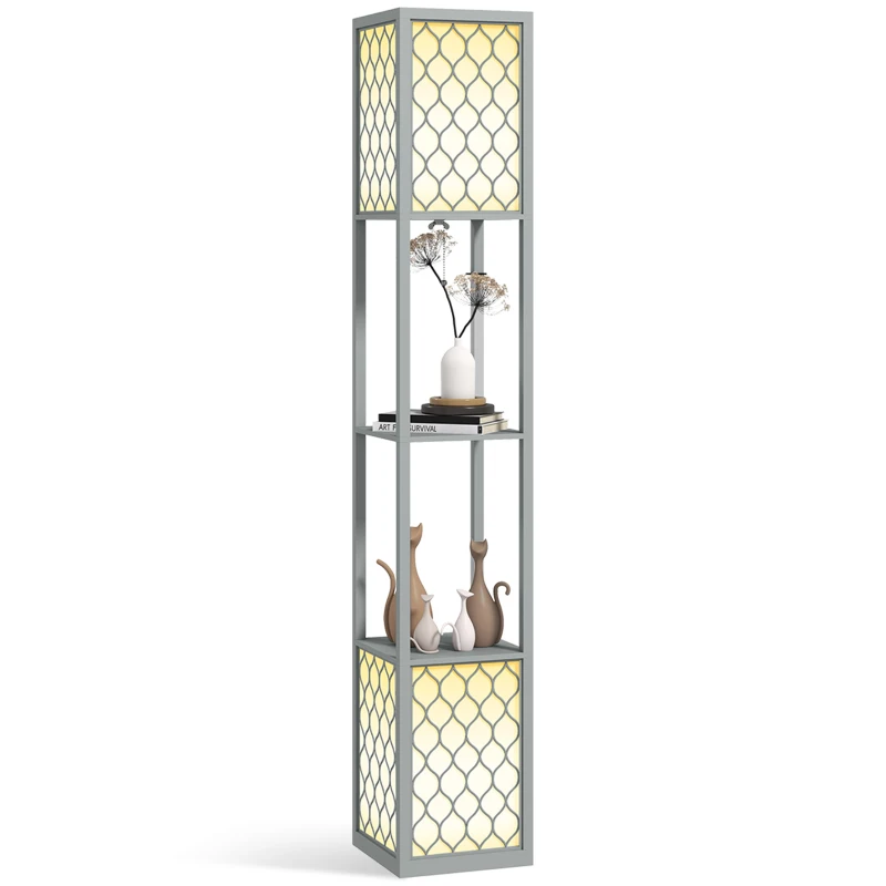 HOMCOM Floor Lamp with Shelves, Dual Light, Modern Tall Standing Lamps, with Pull Chain Switch (Bulb not Included), Light Grey