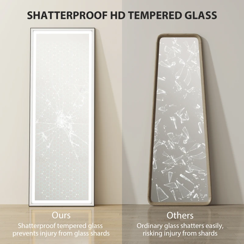 HOMCOM Espelho de Pé  com Luzes 165x60 cm 3 Temperaturas de Cor Brilho Ajustável Independente ou de Parede Branco e Preto