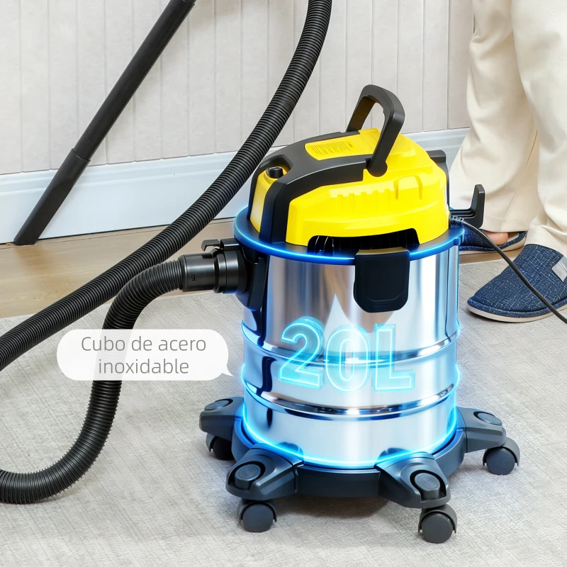 HOMCOM Aspirador en Seco y Húmedo 3 en 1 1200W con Función de Soplador Manguera 2 m Depósito Inoxidable 20L Amarillo