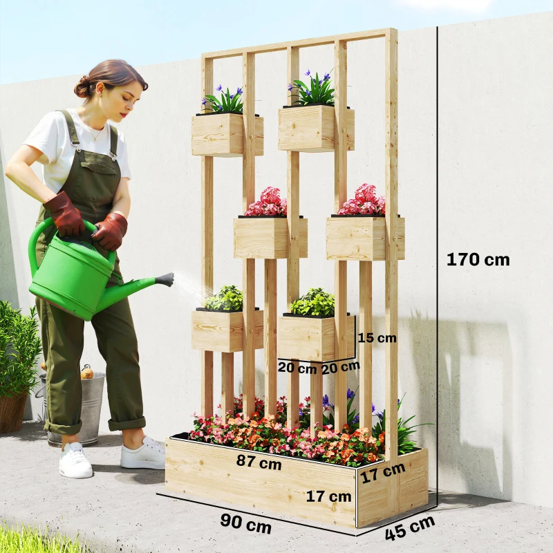 Outsunny Canteiro Elevado com Treliça e Cestos, Caixa de Plantas em Madeira, Vaso para Flores, 90 x 45 x 170 cm