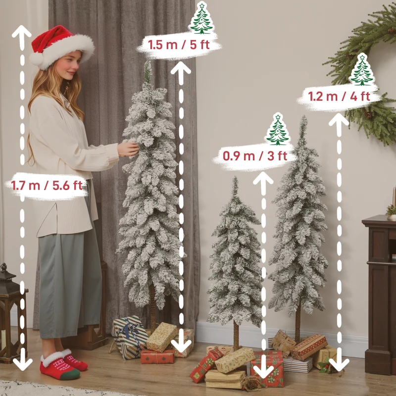 HOMCOM Set of 3 Pencil Flocked Christmas Tree, 3ft 4ft 5ft
