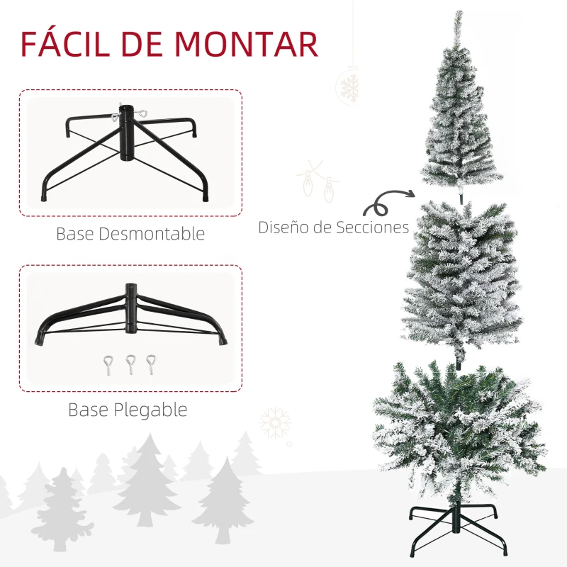 HOMCOM Árbol de Navidad Estrecho 225 cm Árbol Navideño Nevado con 738 Ramas y Soporte de Metal para Salón Verde y Blanco