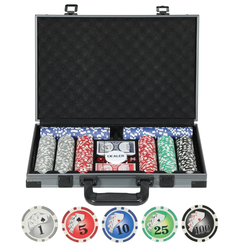 SPORTNOW Set de Poker pentru 10 Jucători cu 400 Jetoane, 2 Pachete de Cărți, 5 Zaruri, Geantă și Covor de Joc, 39,5x28x8 cm, Multicolor