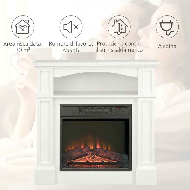 HOMCOM Camino Elettrico con Effetto Fiamma LED Regolabile 1800 W, Telecomando, Timer e Ripiano Integrato, Bianco