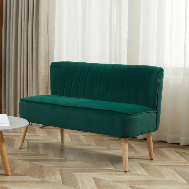 HOMCOM Canapea design retro 2 locuri, picioare din lemn, 117 cm x 56,5 cm x 77 cm, Verde închis