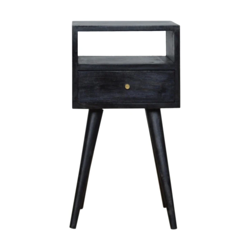 Solid Mango Wood Mini Bedside Table with Drawer and Open Shelf, Sustainable Construction, Desk for Bedroom, 30L x 30W x 57H cm, Black
