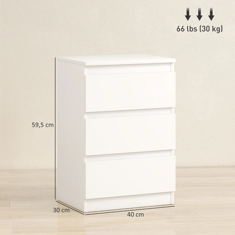 HOMCOM Mesita de Noche, Set de 2 Mesitas con 3 Cajones, Mesilla de Noche, Cómoda para Dormitorio, Sala de Estar, 40 x 30 x 59,5 cm, Blanco