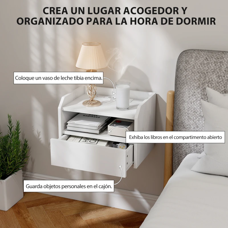 HOMCOM Juego de 2 Mesitas de Noche Flotantes con Estación de Carga Cajón Estante Abierto 40x29x29 cm Blanco