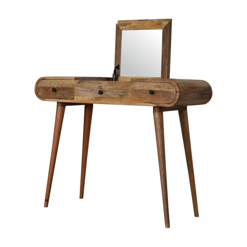 Solid Mango Wood Round Dressing Table 3 Drawers and Foldable Mirror, Hand‑finished Desk with Oak-ish Finish, 40L x 100W x 80H cm, Brown