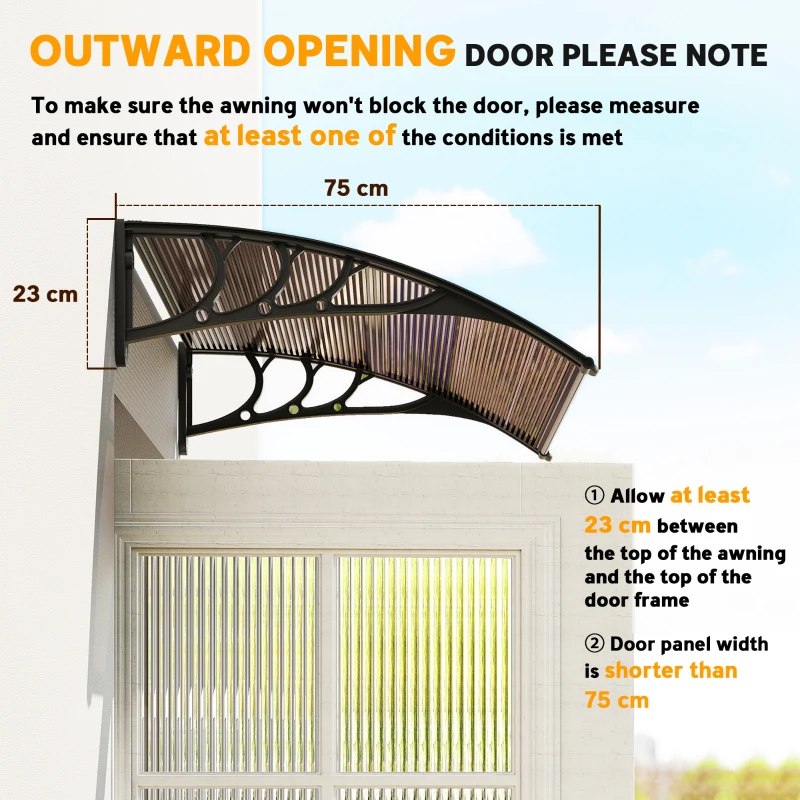 Outsunny Curved Window Door Canopy - Aluminium Rigid Plastic Polycarbonate Fixed Outdoor Awning, Modern Design, UV and Water Rain Resistant, 120 x 75cm, Brown