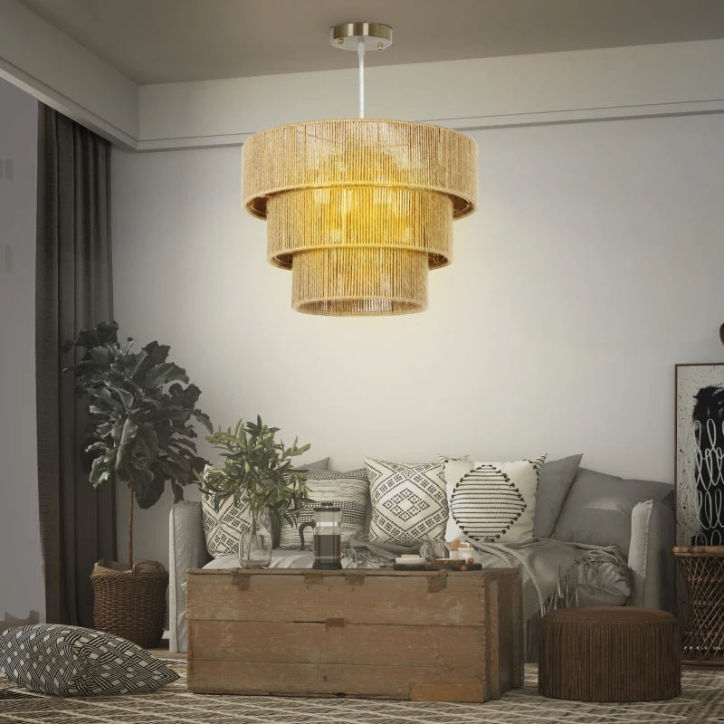 HOMCOM Hemp Rope Ceiling Light, 3-Layer Boho Pendant Light, 4 x E14 Vintage Ceiling Lamp Fixtures for Living Room, Bedroom, Kitchen, Hallway, Light Brown