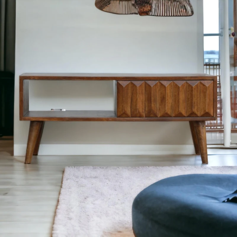 Solid Mango Wood Media Unit with Sliding Door and Open Slot Storage, Hand-finished Table with Unique Grain, 35L x 88W x 40H cm, Brown