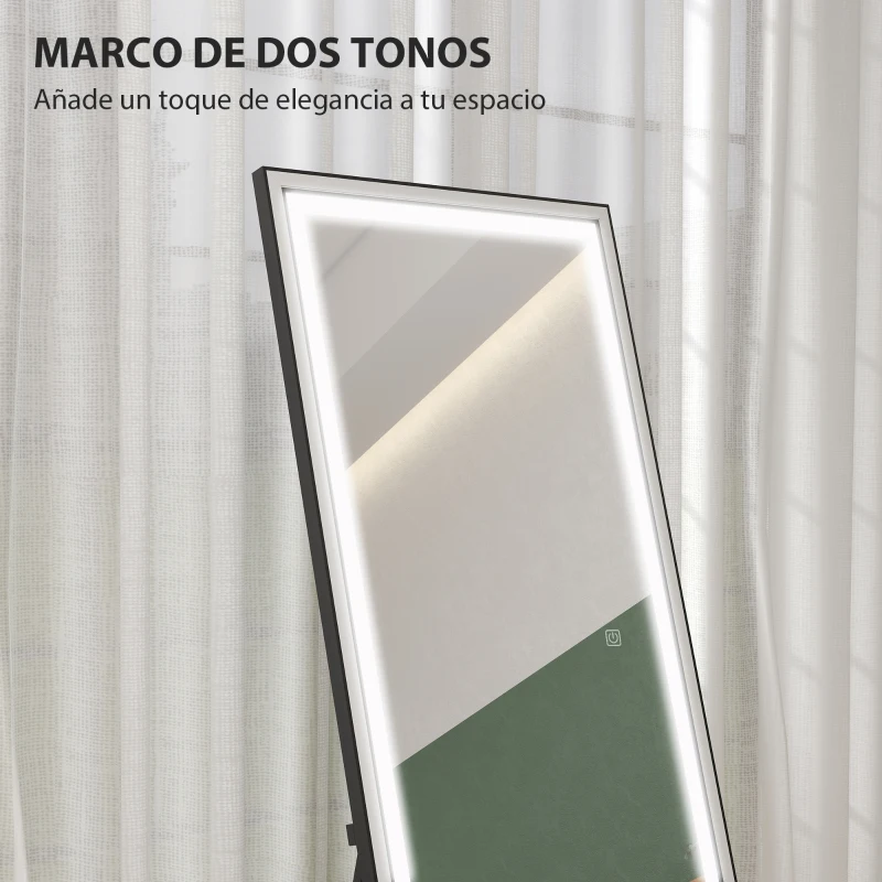 HOMCOM Espejo de Pie Cuerpo Entero con Luces 165x60 cm de Pie o de Pared 3 Temperaturas de Color Ajustables Blanco y Negro