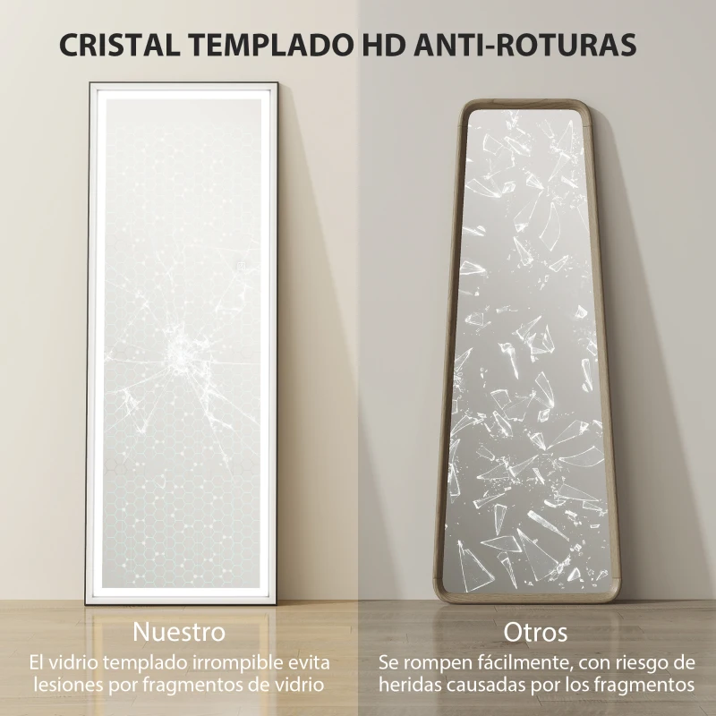 HOMCOM Espejo de Pie Cuerpo Entero con Luces 165x60 cm de Pie o de Pared 3 Temperaturas de Color Ajustables Blanco y Negro