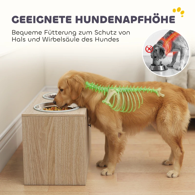 PawHut Hundefutterstation mit 2 Edelstahl-Näpfen, Schrank für Utensilien, für große Hunde, Zubehör, Holz