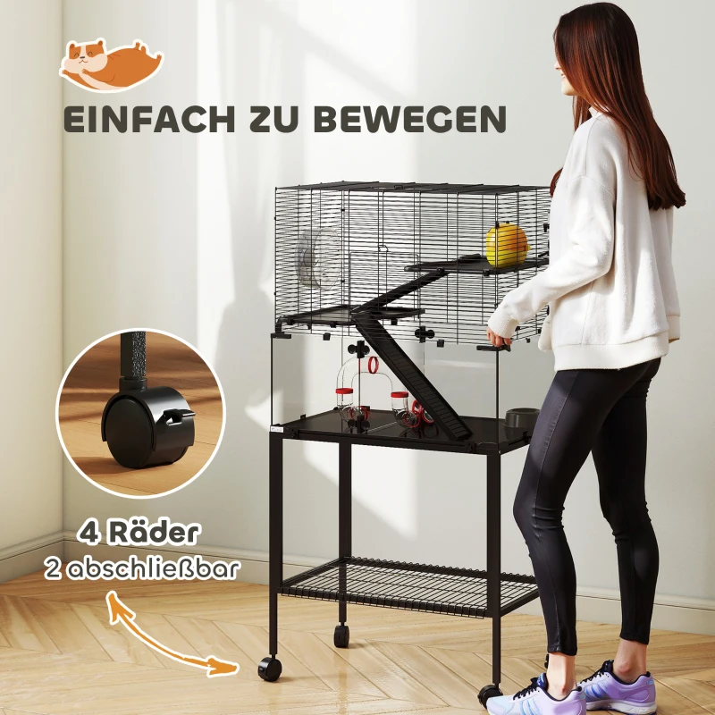 PawHut Hamsterkäfig, Kleintiergehege mit 3 Ebenen, Laufrad, Hütte, Plattformen, Rampen, Futterschale, Wasserflasche, Zubehör, Stahl, Kunststoff, Schwarz