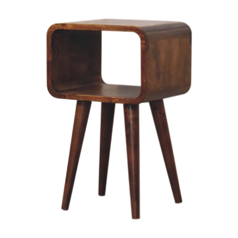 100% Solid Mango Wood Mini Curved Nightstand with Open Shelf and Stain-Based Finish, Table for Bedroom, 25L x 30W x 50H cm, Brown