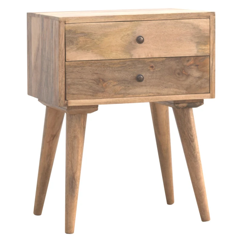 Solid Mango Wood Bedside Table with Nordic Legs and Clear Natural Finish, Bedside Cabinet with 2 Drawers, 35L x 45W x 57H cm, Brown