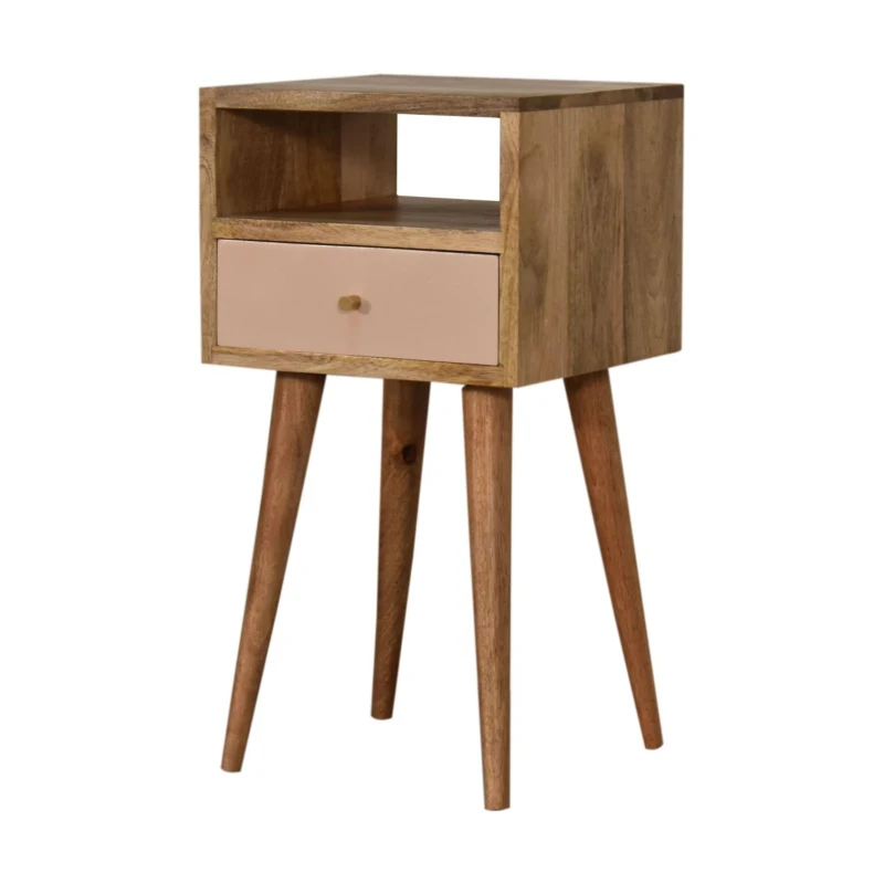 Solid Mango Wood Bedside Table with Drawer and Open Shelf, Distinct Grain, Handcrafted Desk for Organised Storage, 30L x 30W x 57H cm, Brown