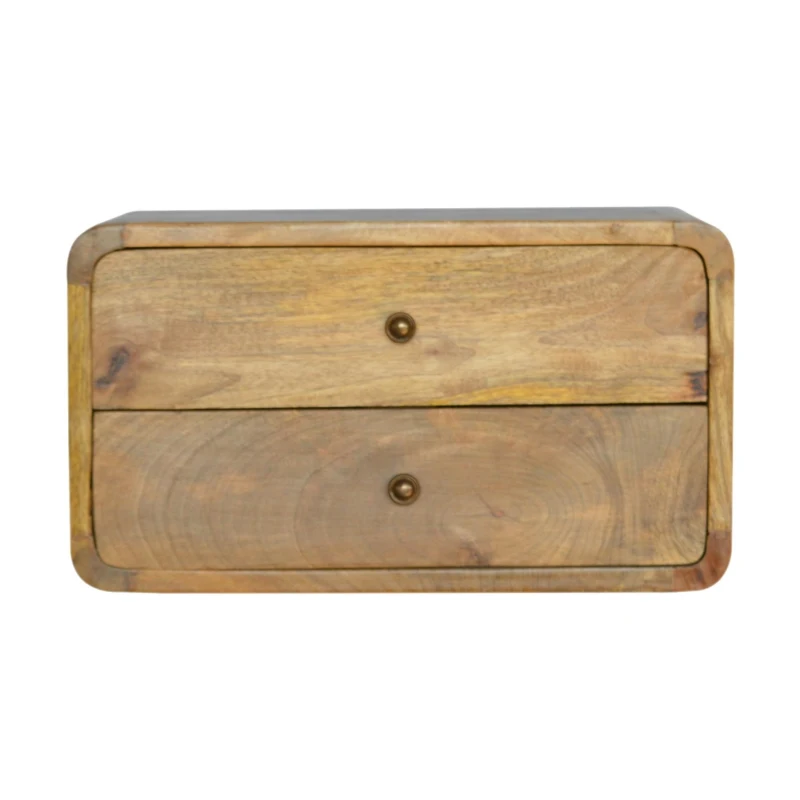 Solid Mango Wood Floating Bedside Unit with Smooth-Glide Drawers, Oak-ish Finish, Wall-Mounted Storage for Bedroom, 32L x 45W x 25H cm, Brown