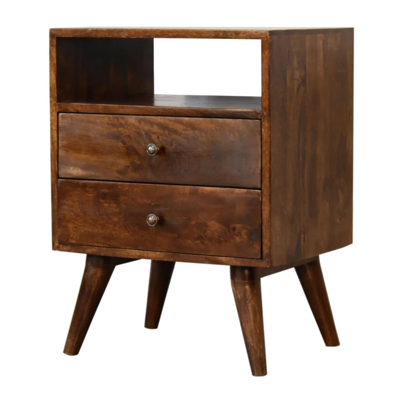 Solid Mango Wood Bedside Cabinet with 2 Smooth‑gliding Drawers, Classic Nightstand with Open Shelf, 35L x 45W x 60H cm, Brown