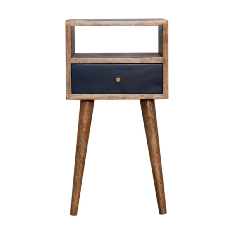 Solid Wood Mini Hand-Painted Bedside Table with 1 Drawer and Open Shelf, Bedside Chest with Artisanal Finish, 30L x 30W x 57H cm, Brown