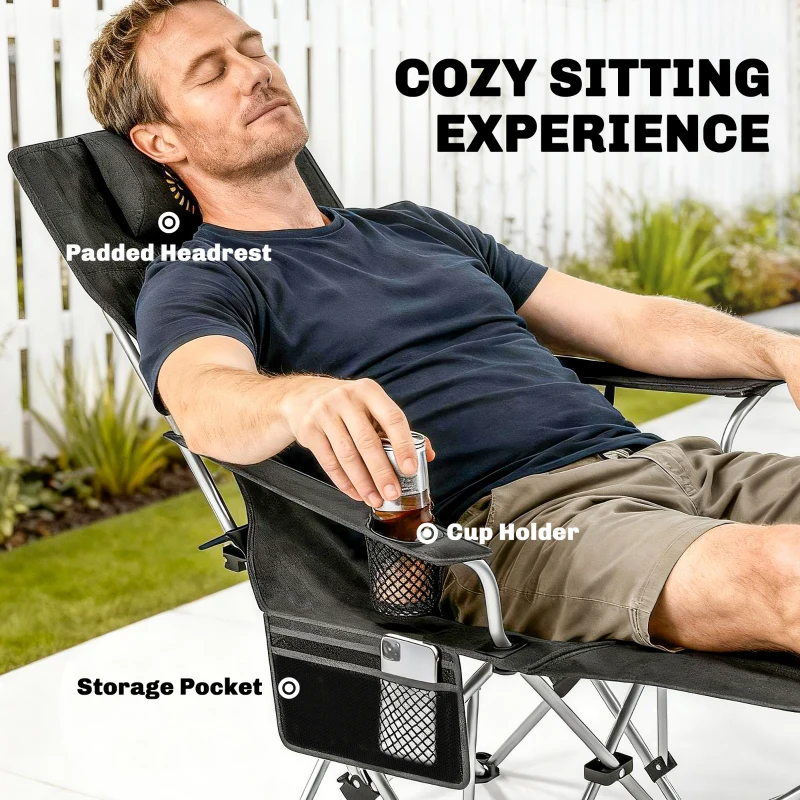 Outsunny Set van 2 Opvouwbare Campingstoelen met Afneembare Voetsteun en Bekerhouder, Belastbaar tot 120 kg - Zwart